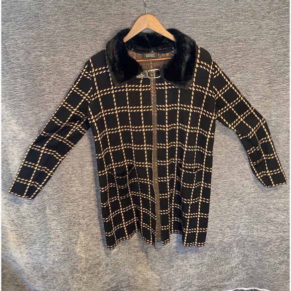 Badgley Mischka Sweaters - Badgley Mischka Women Black Plaid Knit Cardigan Faux Fur Collar Buckle Coat M